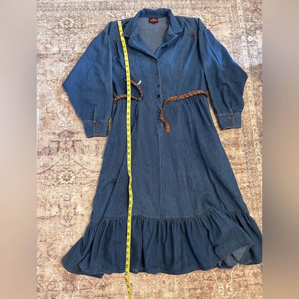 Jordache 80s Vintage Denim Prairie Dress Button Front Ruffle Hem Belted 15/16 - Picture 10 of 13